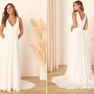 LULU's Bridal Flowy Romantic Layered Minimalist Mermaid Trumpet Maxi Dress
